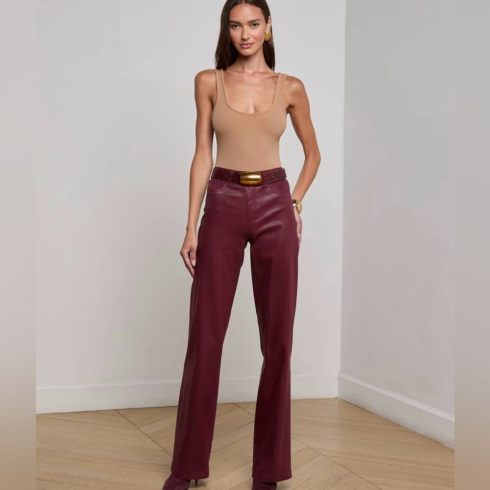 L'AGENCE Clayton Coated High Rise Wide Leg Jeans in Port Burgundy Size 25